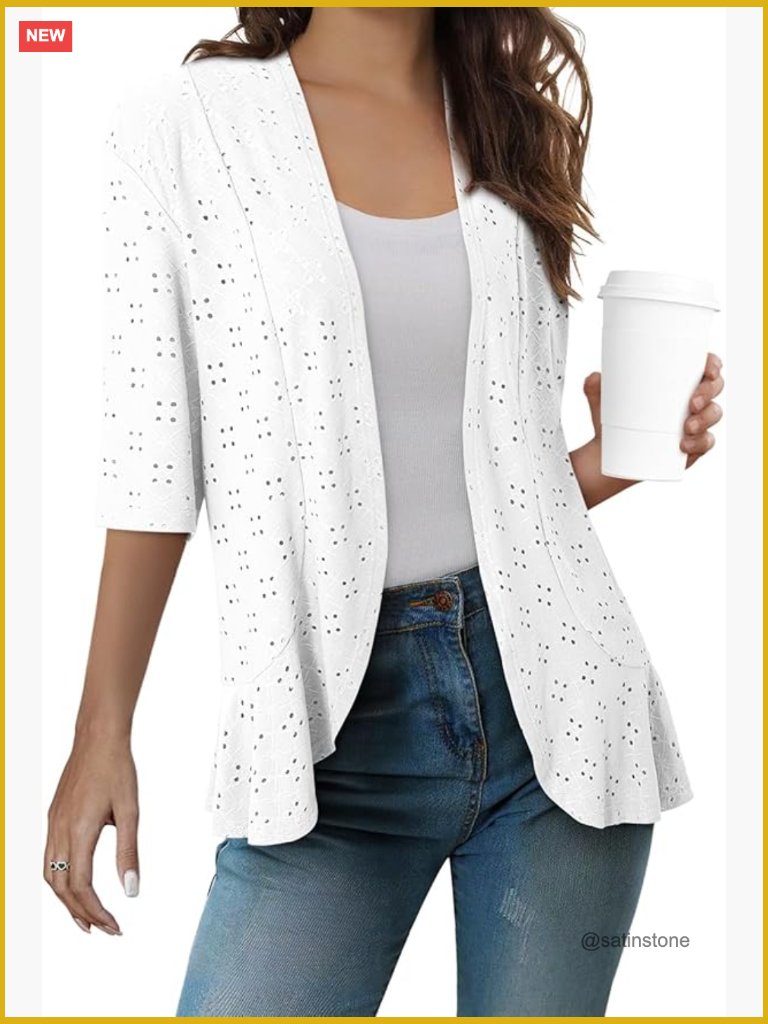 Women's Lightweight Netted Knit Ruffle Half Sleeve Kimono Cardigan